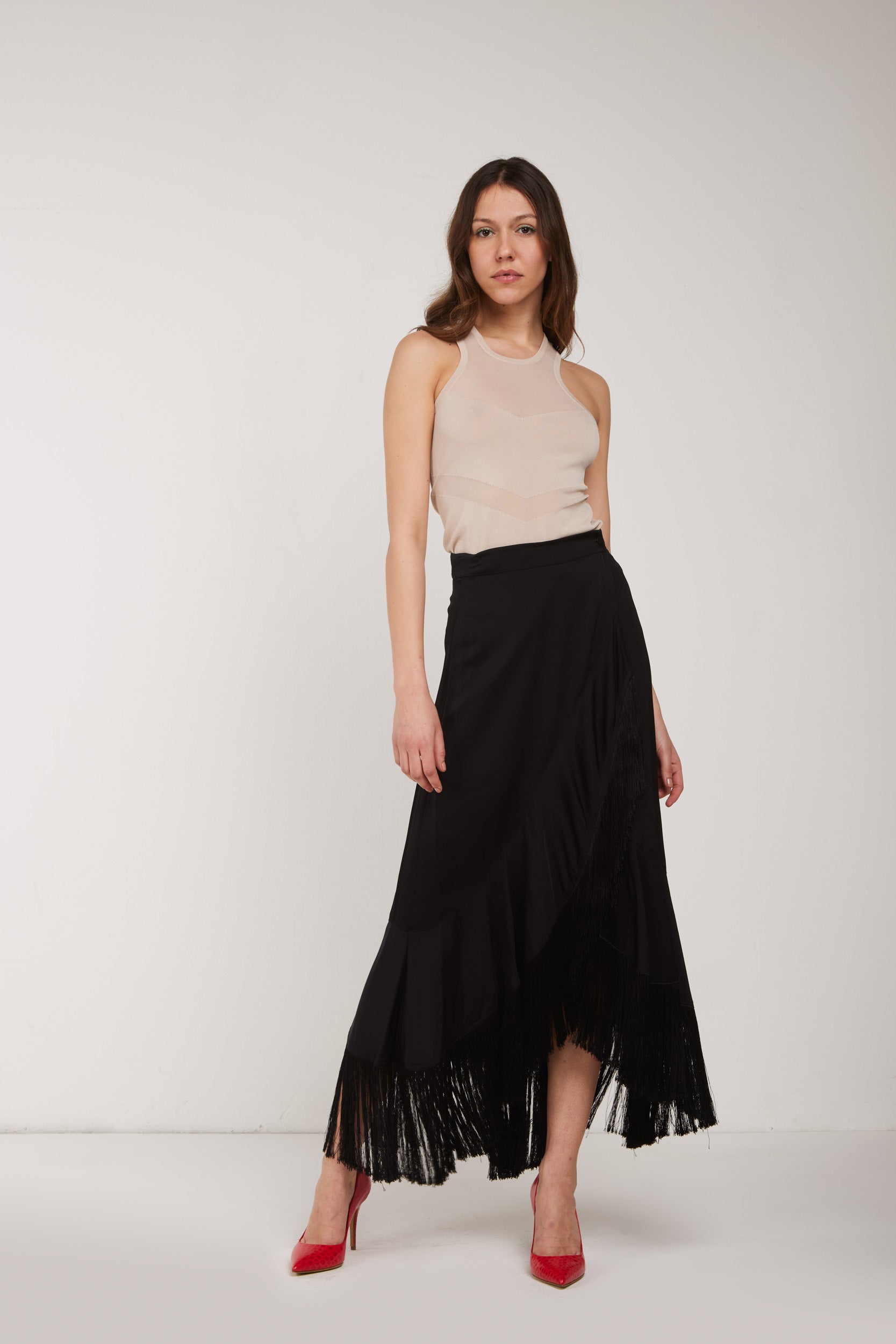 TWINSET Long Black Skirt and Fringes Loverlock